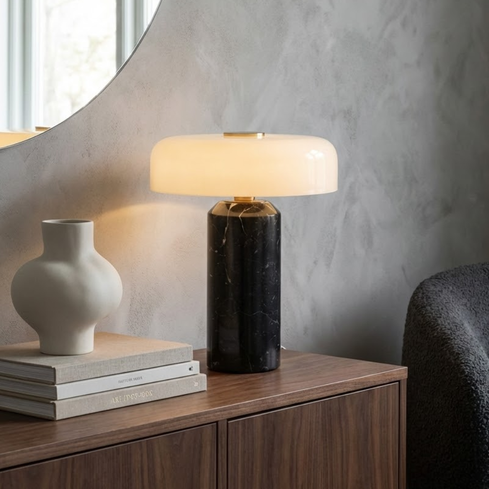 Marble Table Lamp Cordless 21 cm | Opaline Glass Shade, Touch Dimmable | Rechargeable Warm to Cool White LED