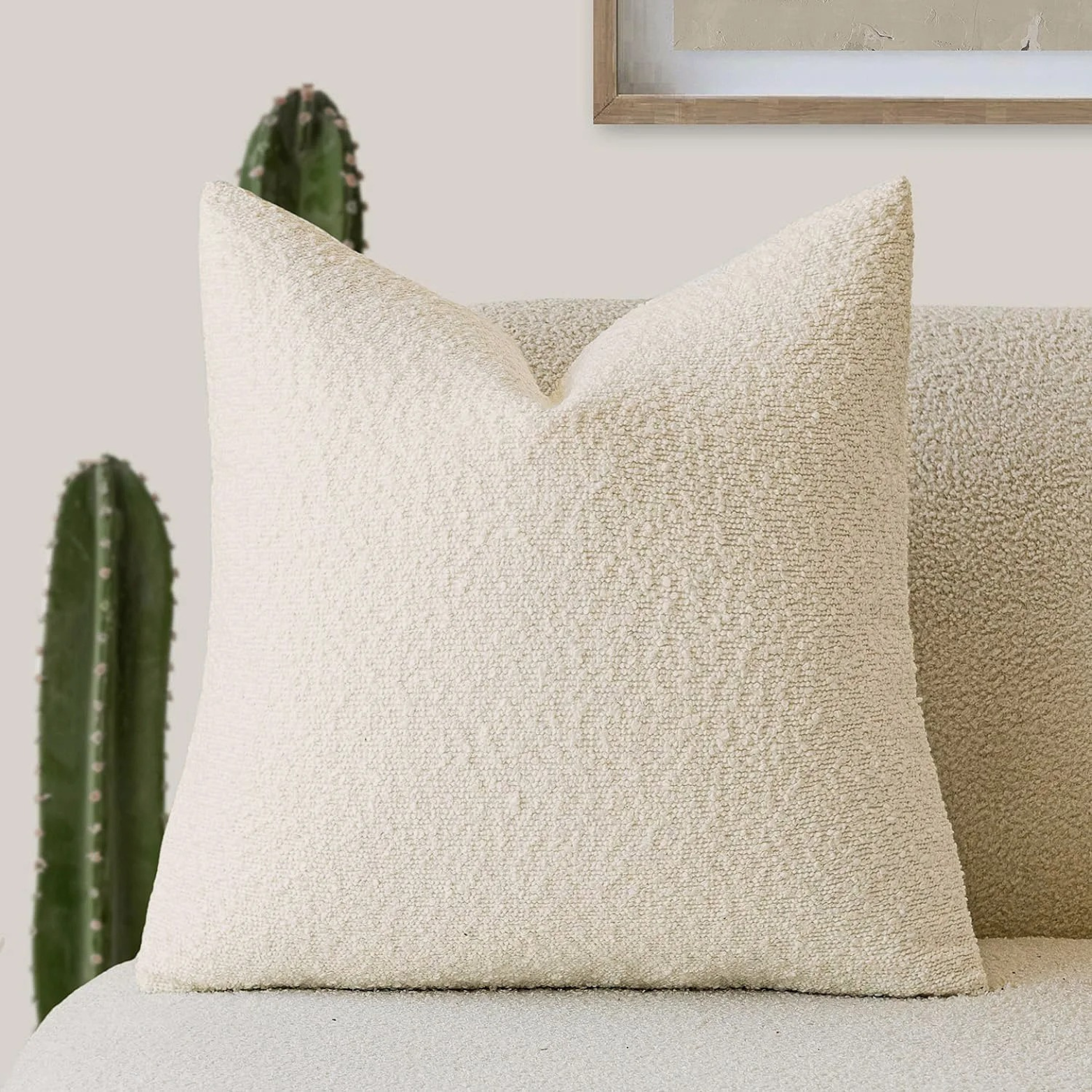 Boucle cushions styled on a sofa