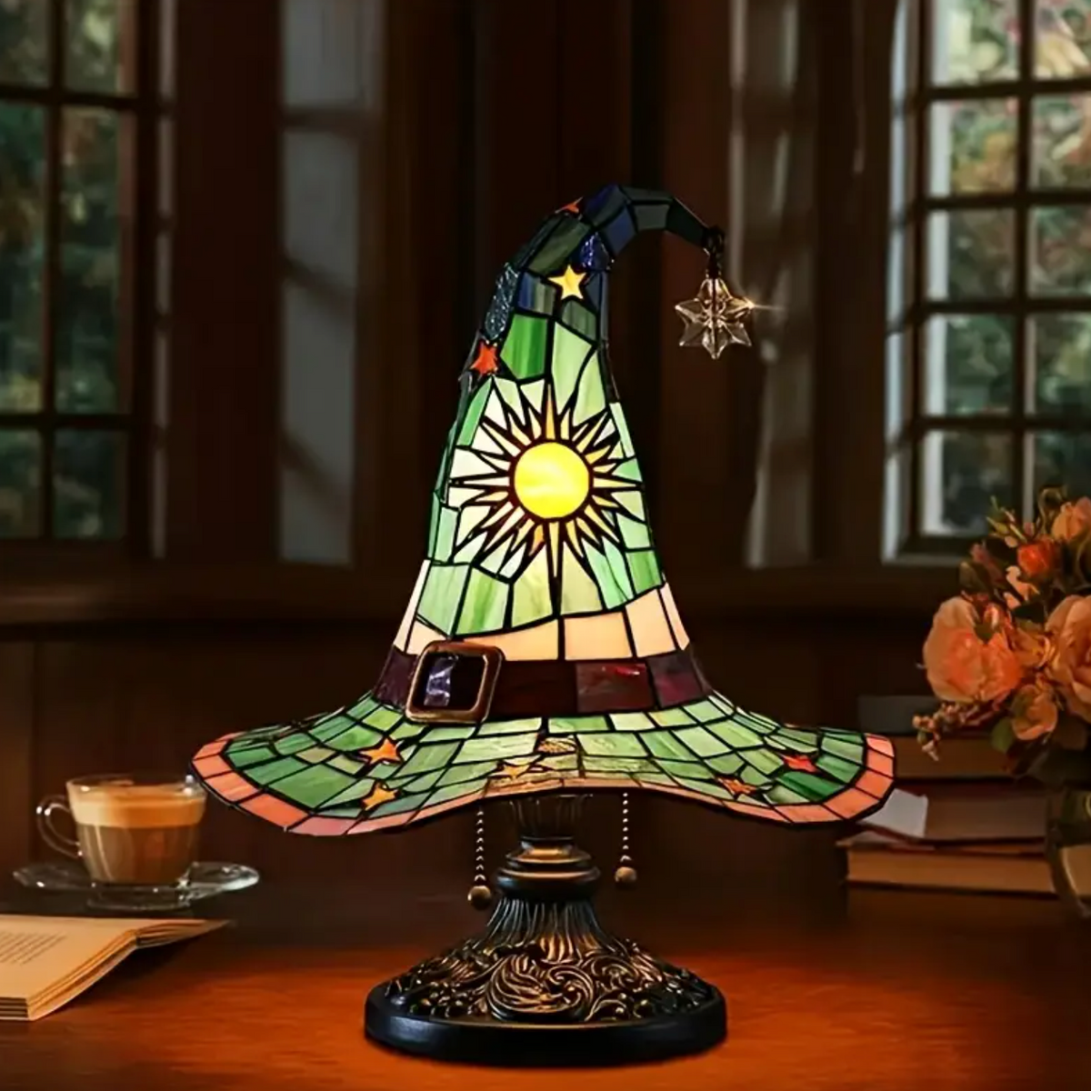 Witch Hat Accent Lamp Tiffany Style Decorative Table Lamp With Star and Sun Design