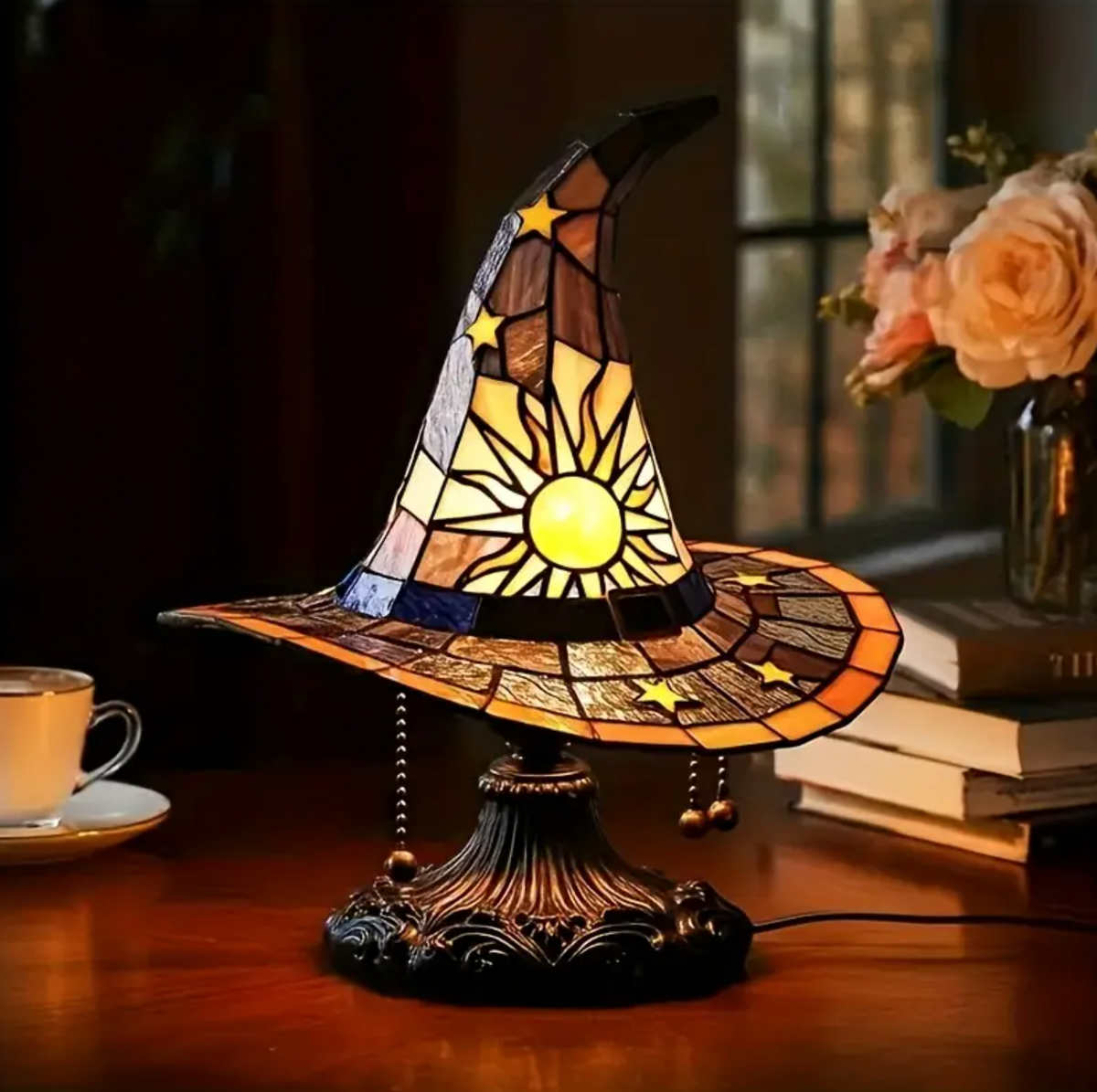 Witch Hat Accent Lamp Tiffany Style Decorative Table Lamp With Star and Sun Design