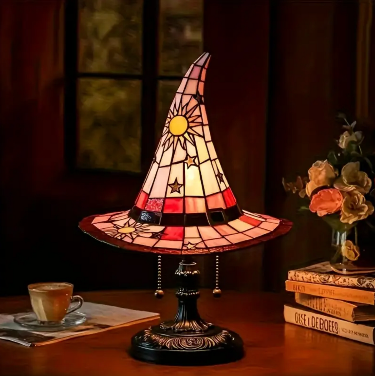 Witch Hat Accent Lamp Tiffany Style Decorative Table Lamp With Star and Sun Design
