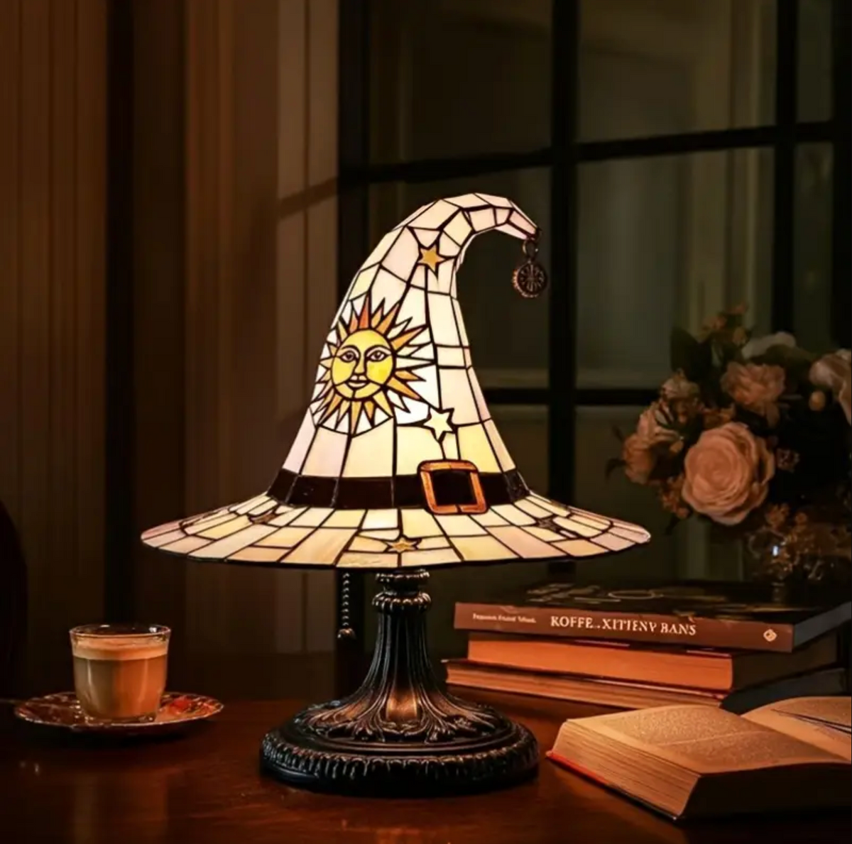 Witch Hat Accent Lamp Tiffany Style Decorative Table Lamp With Star and Sun Design