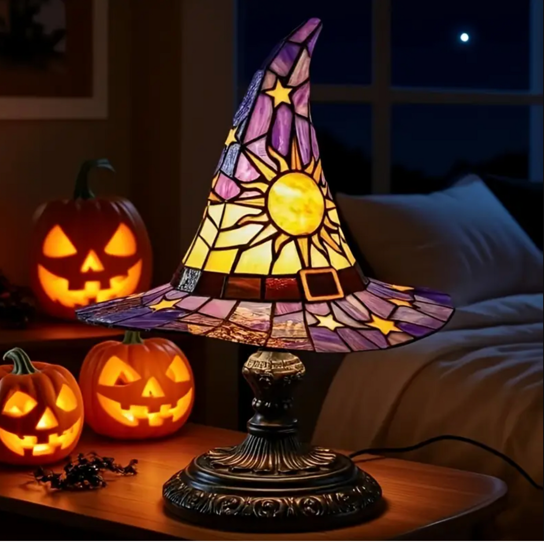 Witch Hat Accent Lamp Tiffany Style Decorative Table Lamp With Star and Sun Design