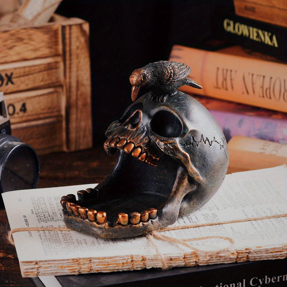 Decorative Tray Resin Skull and Raven Design Dark Weathered Finish