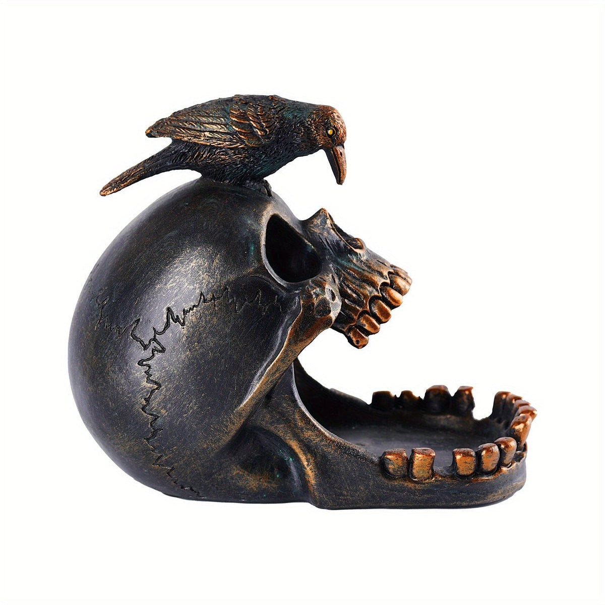 Decorative Tray Resin Skull and Raven Design Dark Weathered Finish