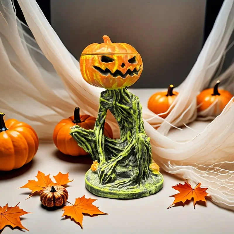 Pumpkin Skeleton Statue, Pumpkin Head, Seated Figure, Orange and Green