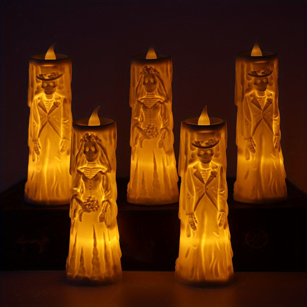 LED Candle Set Skull Bride and Groom Flameless White Light Halloween Wedding Decor
