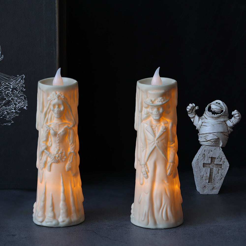 LED Candle Set Skull Bride and Groom Flameless White Light Halloween Wedding Decor