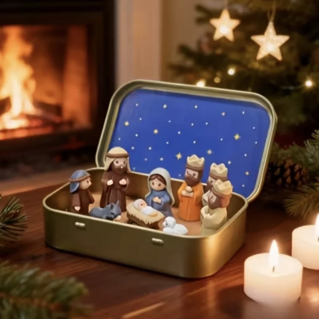 Miniature Nativity Scene in a Tin Box