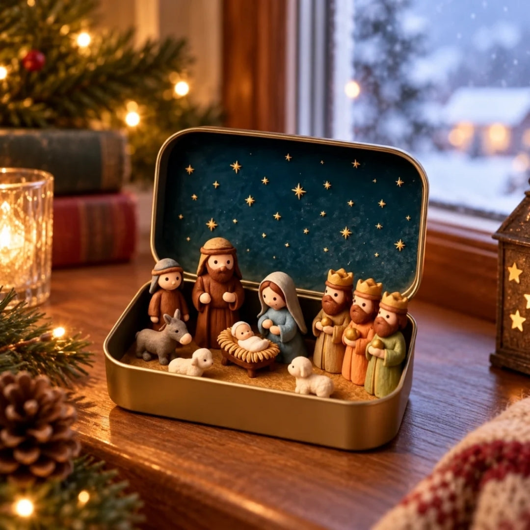 Miniature Nativity Scene in a Tin Box