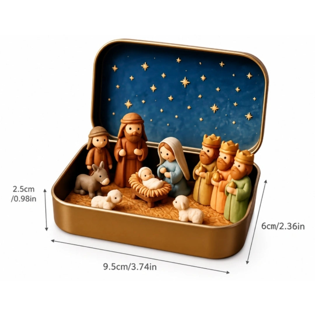 Miniature Nativity Scene in a Tin Box