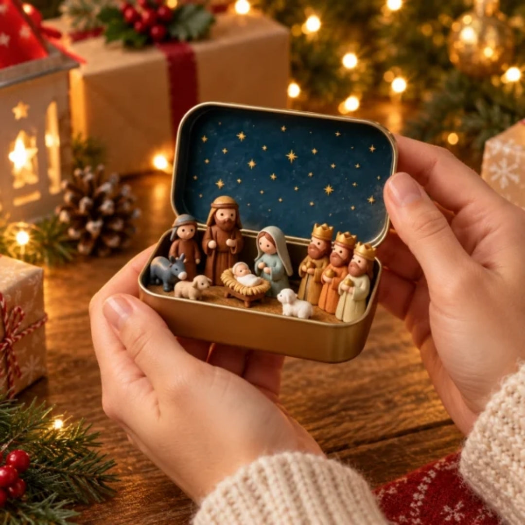 Miniature Nativity Scene in a Tin Box