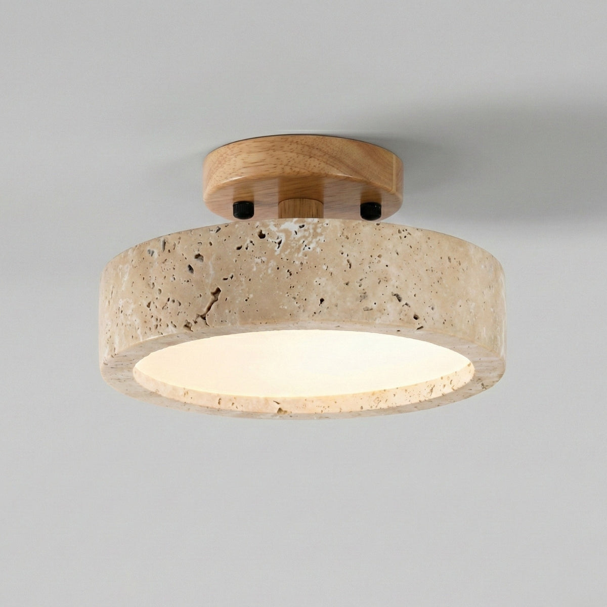 Travertine Ring Ceiling Light| Open Centre Glow, Wood Detail | Japandi Round Pendant Style Lamp