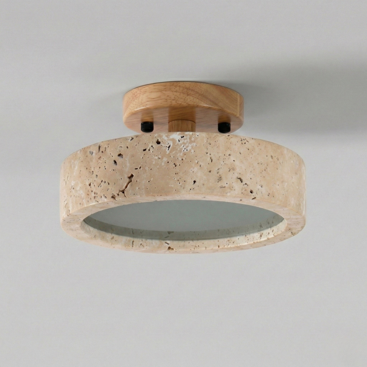 Travertine Ring Ceiling Light| Open Centre Glow, Wood Detail | Japandi Round Pendant Style Lamp