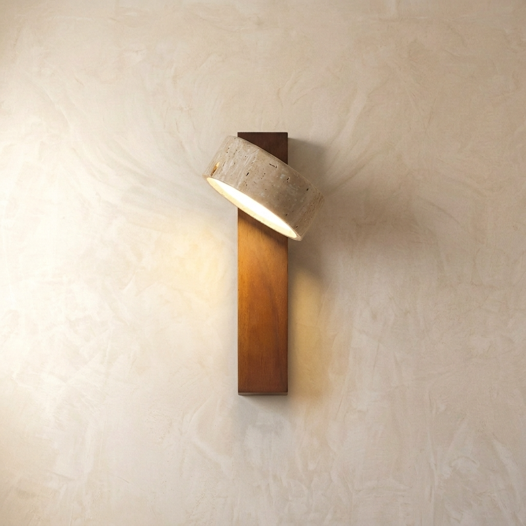Travertine Wall Light Adjustable Head | Genuine Natural Stone, Pull Chain | 180 Degree Hardwired Bedside Reading Lamp