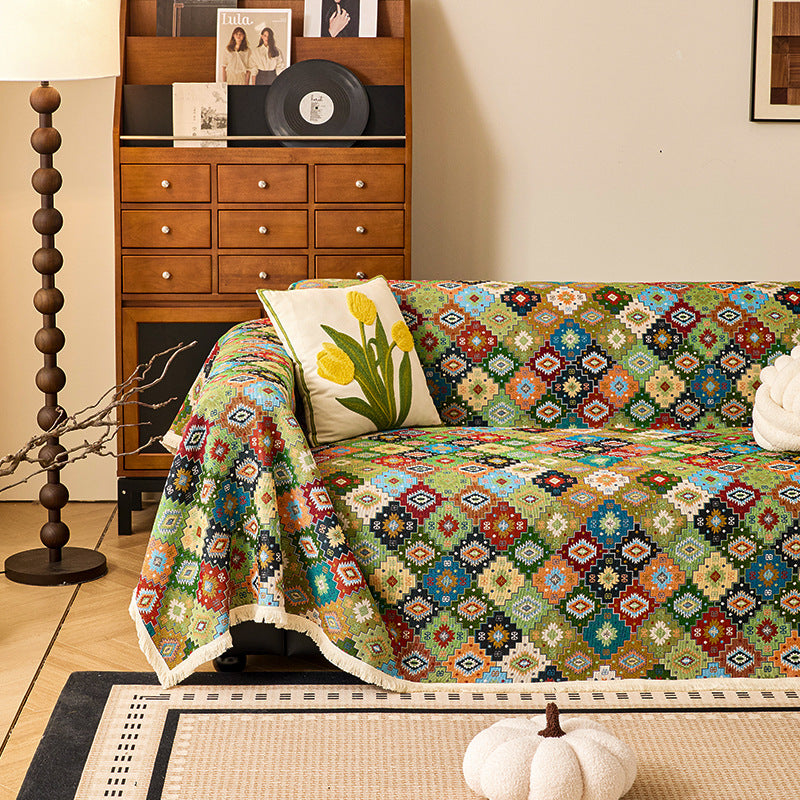 Zahara Geometric Kilim Sofa Cover with Tassel Trim