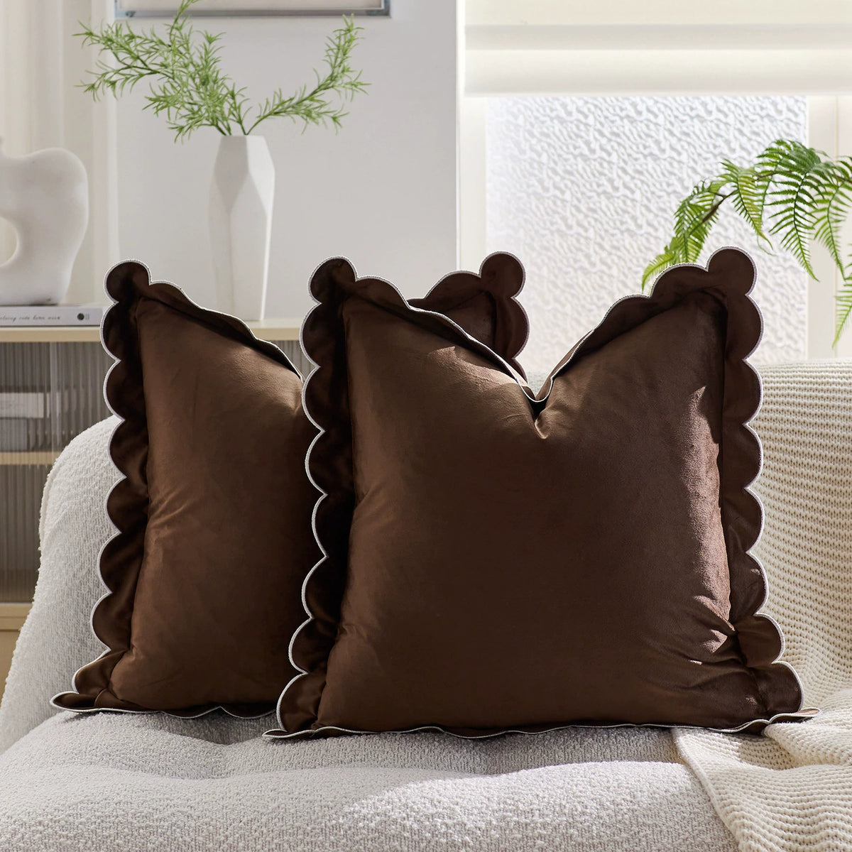 Ruffle Edge Linen Blend Cushion Cover in Coffee Brown