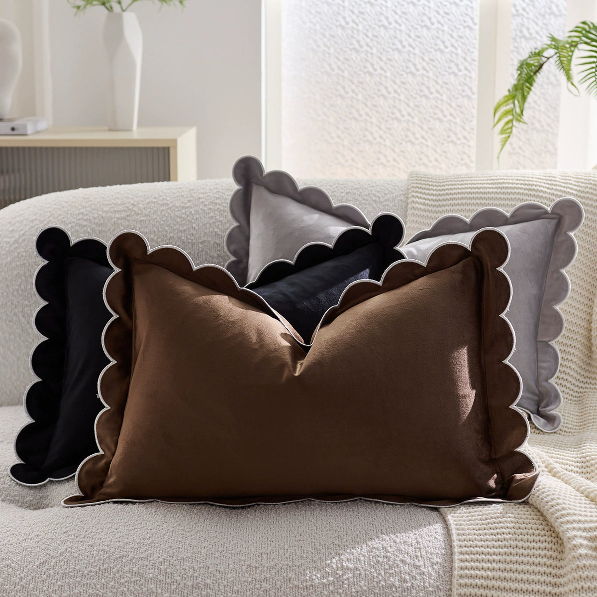 Ruffle Edge Linen Blend Cushion Cover in Coffee Brown