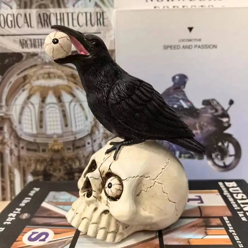 Raven Skull Decor, Gothic Design, Perched Raven, Eyeball Detail
