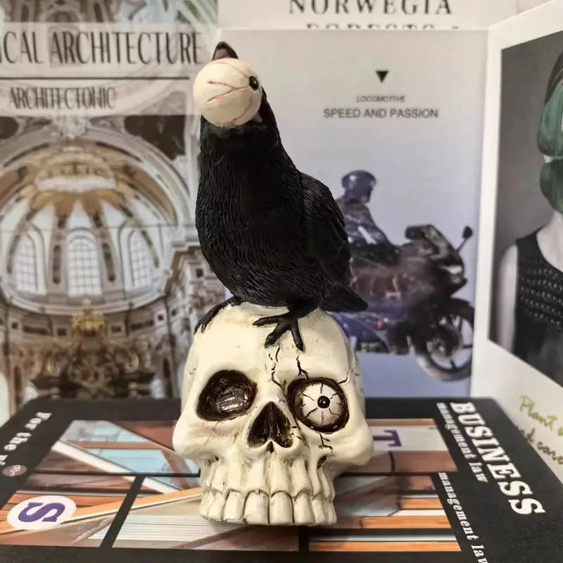 Raven Skull Decor, Gothic Design, Perched Raven, Eyeball Detail
