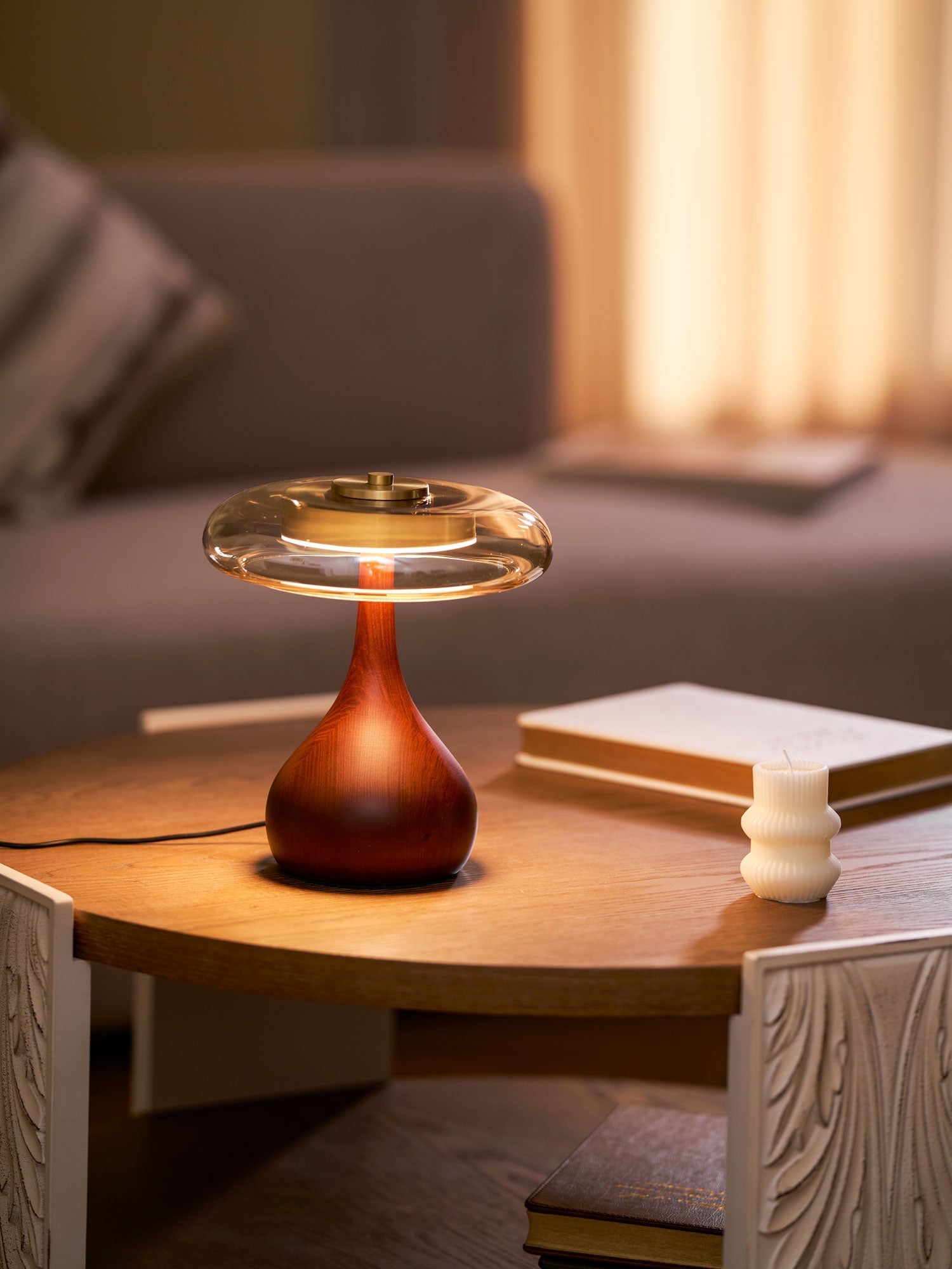 Amber Glass Table Lamp [25/32] cm | Walnut Tone Curved Base | Warm White Integrated LED, Plug In with Switch, Japandi