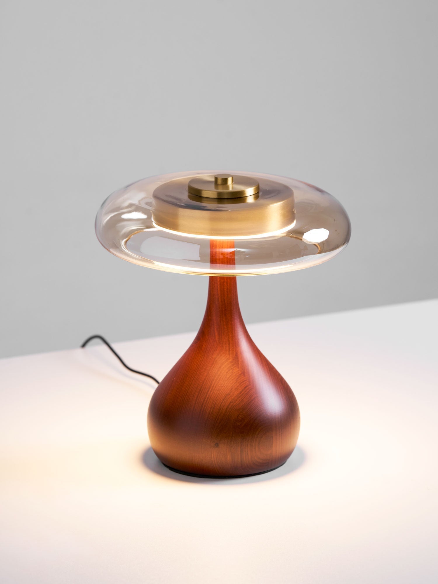 Amber Glass Table Lamp [25/32] cm | Walnut Tone Curved Base | Warm White Integrated LED, Plug In with Switch, Japandi