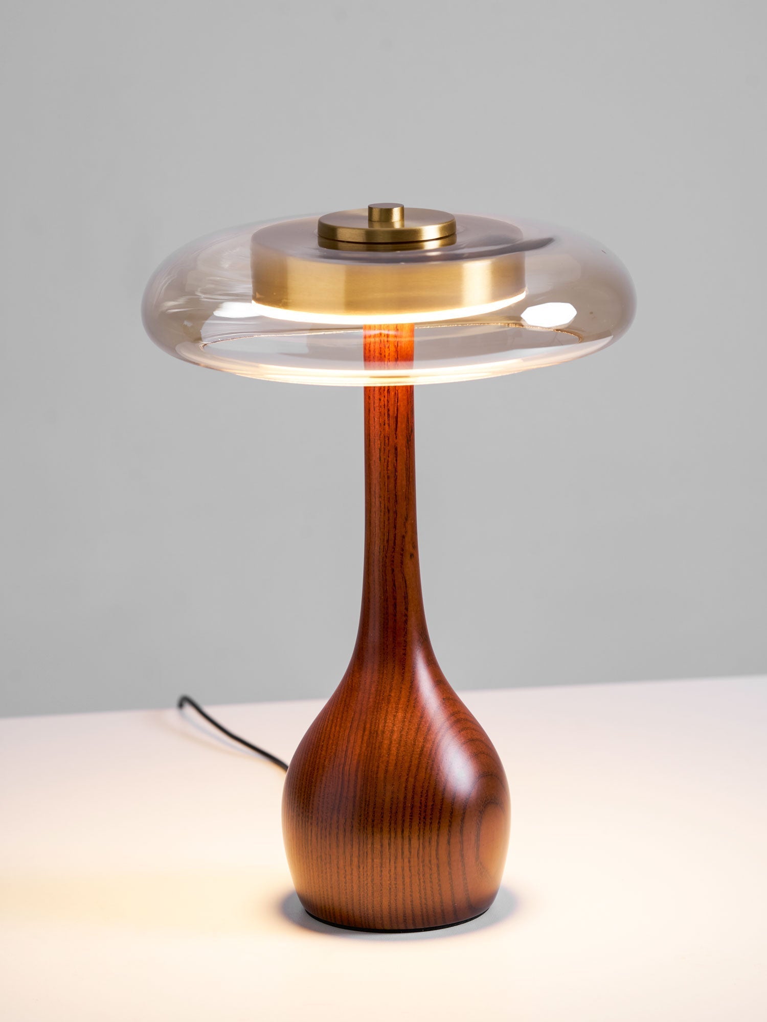 Amber Glass Table Lamp [25/32] cm | Walnut Tone Curved Base | Warm White Integrated LED, Plug In with Switch, Japandi