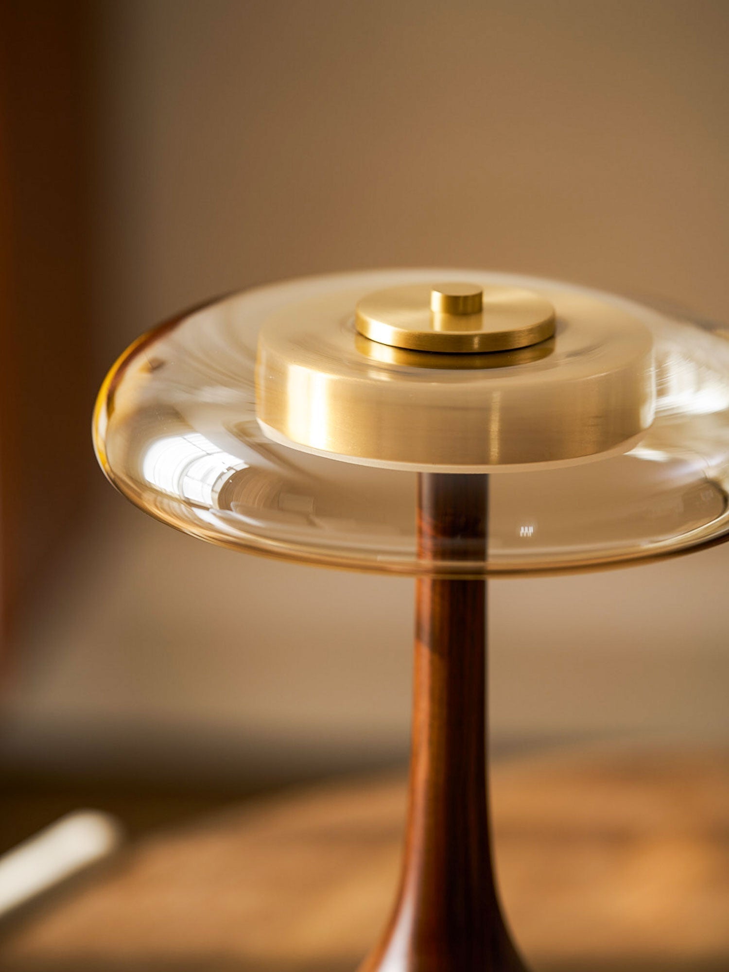 Amber Glass Table Lamp [25/32] cm | Walnut Tone Curved Base | Warm White Integrated LED, Plug In with Switch, Japandi