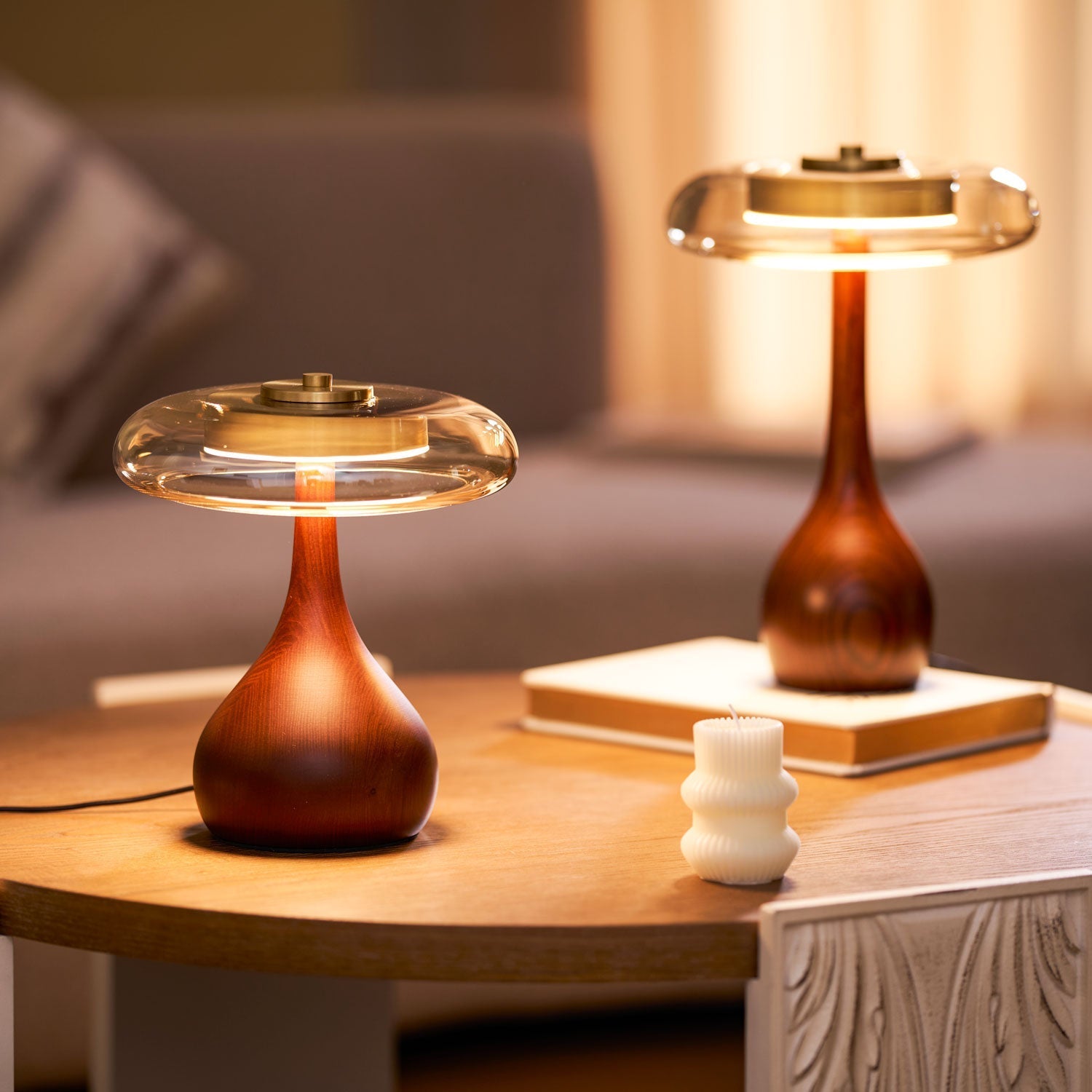 Amber Glass Table Lamp [25/32] cm | Walnut Tone Curved Base | Warm White Integrated LED, Plug In with Switch, Japandi