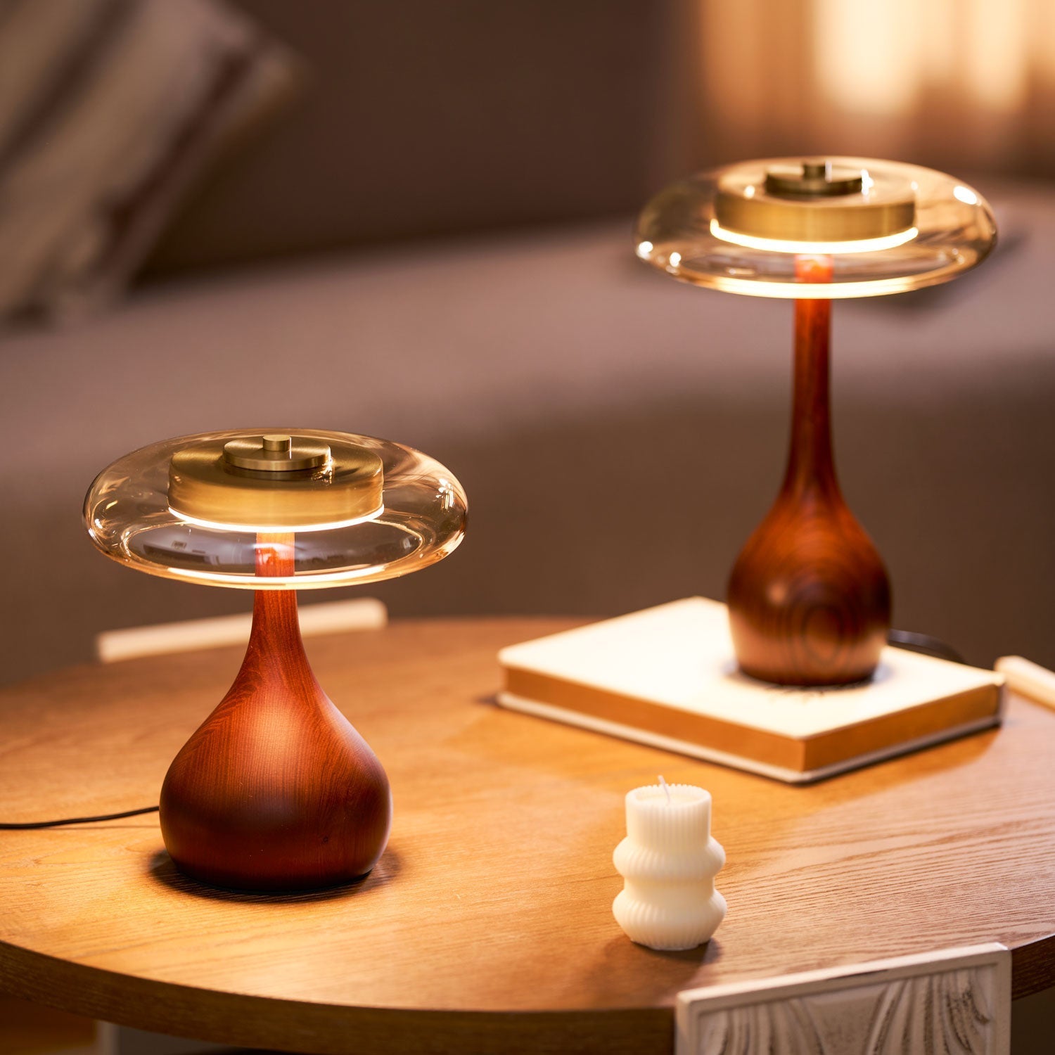 Amber Glass Table Lamp [25/32] cm | Walnut Tone Curved Base | Warm White Integrated LED, Plug In with Switch, Japandi