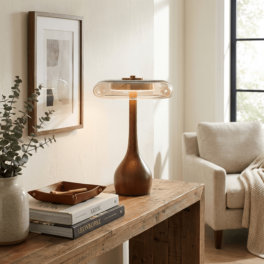 Amber Glass Table Lamp [25/32] cm | Walnut Tone Curved Base | Warm White Integrated LED, Plug In with Switch, Japandi