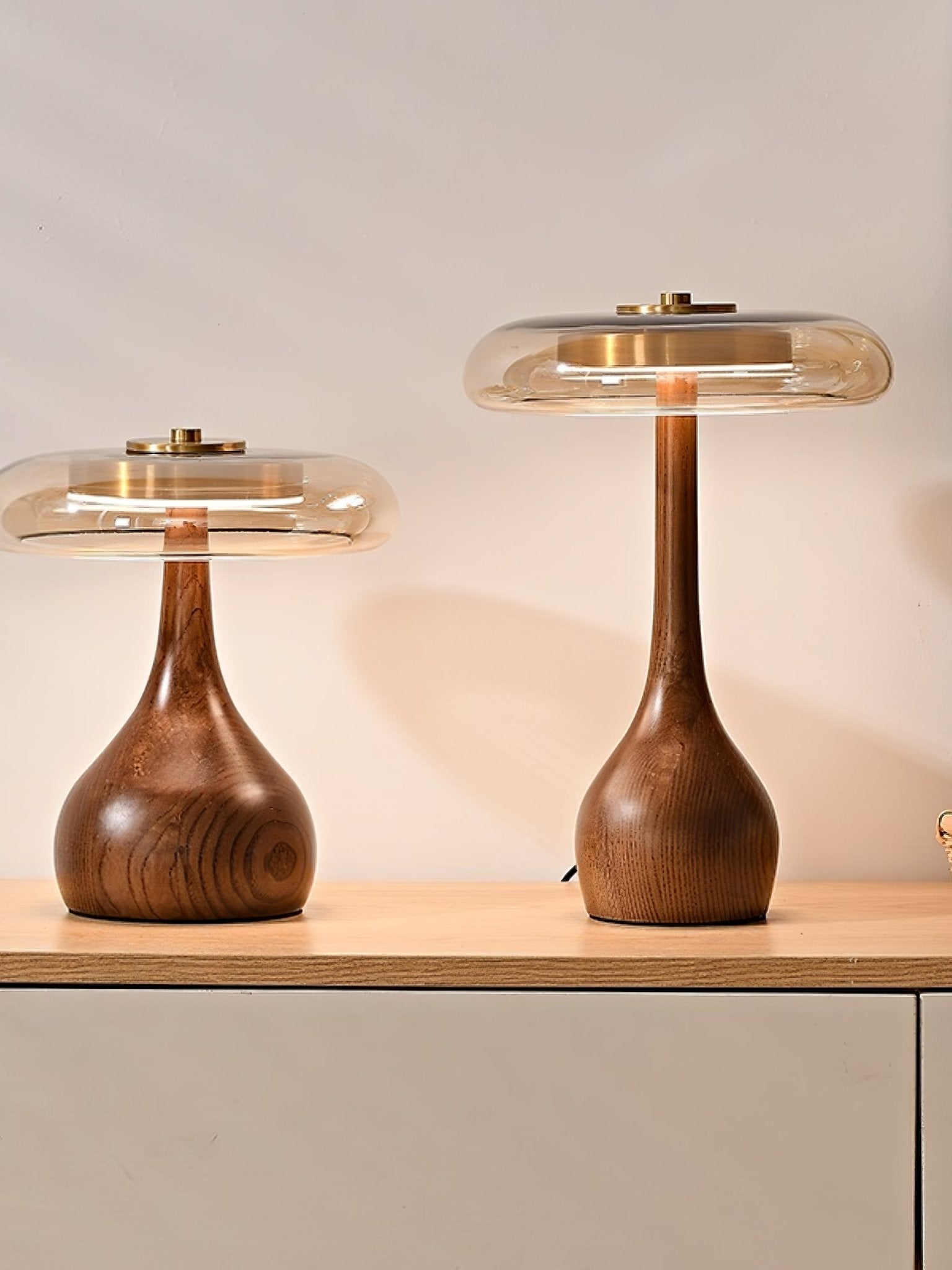 Amber Glass Table Lamp [25/32] cm | Walnut Tone Curved Base | Warm White Integrated LED, Plug In with Switch, Japandi