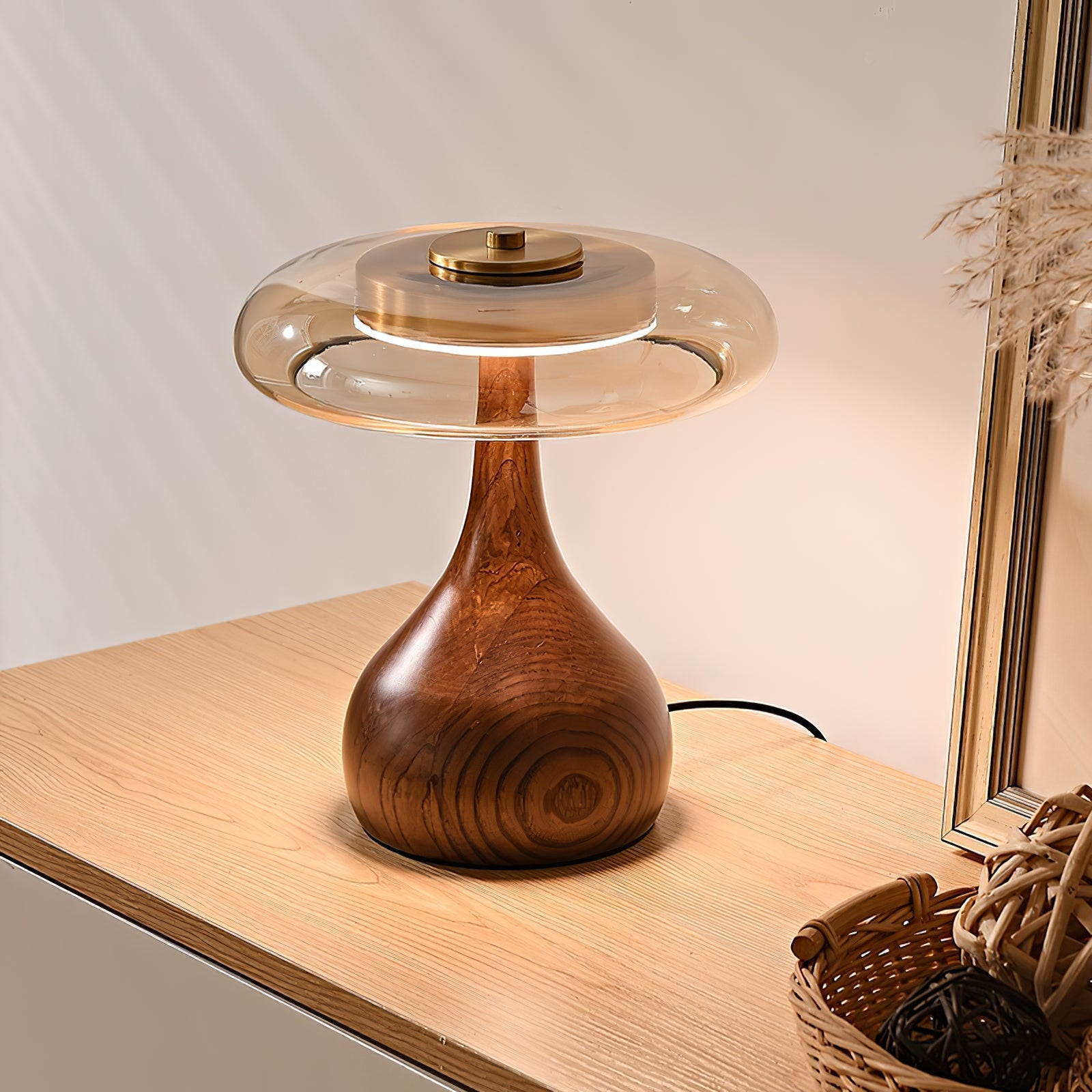 Amber Glass Table Lamp [25/32] cm | Walnut Tone Curved Base | Warm White Integrated LED, Plug In with Switch, Japandi