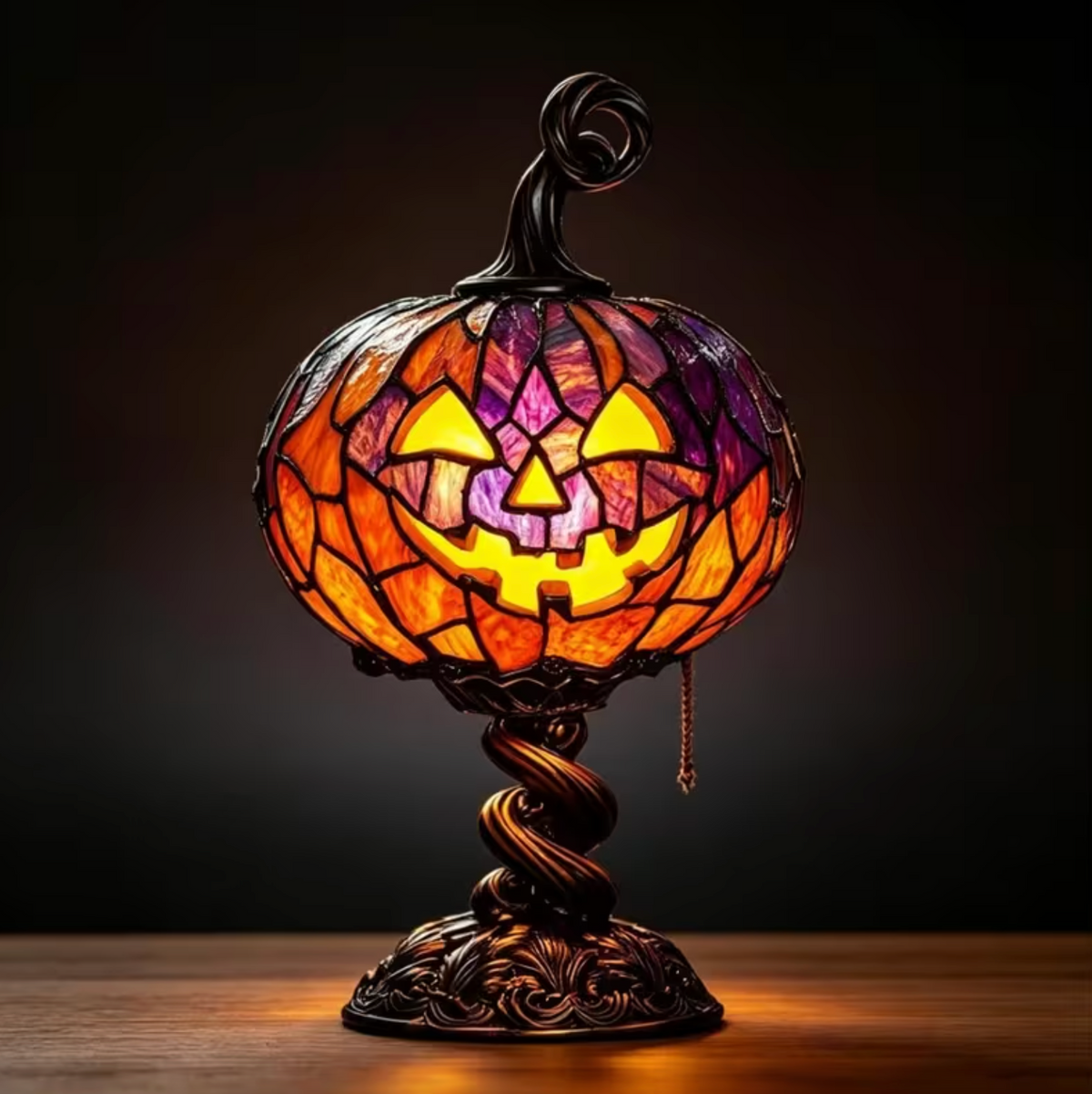 Table Lamp Pumpkin Design Stained Glass Style Resin Warm LED USB Powered