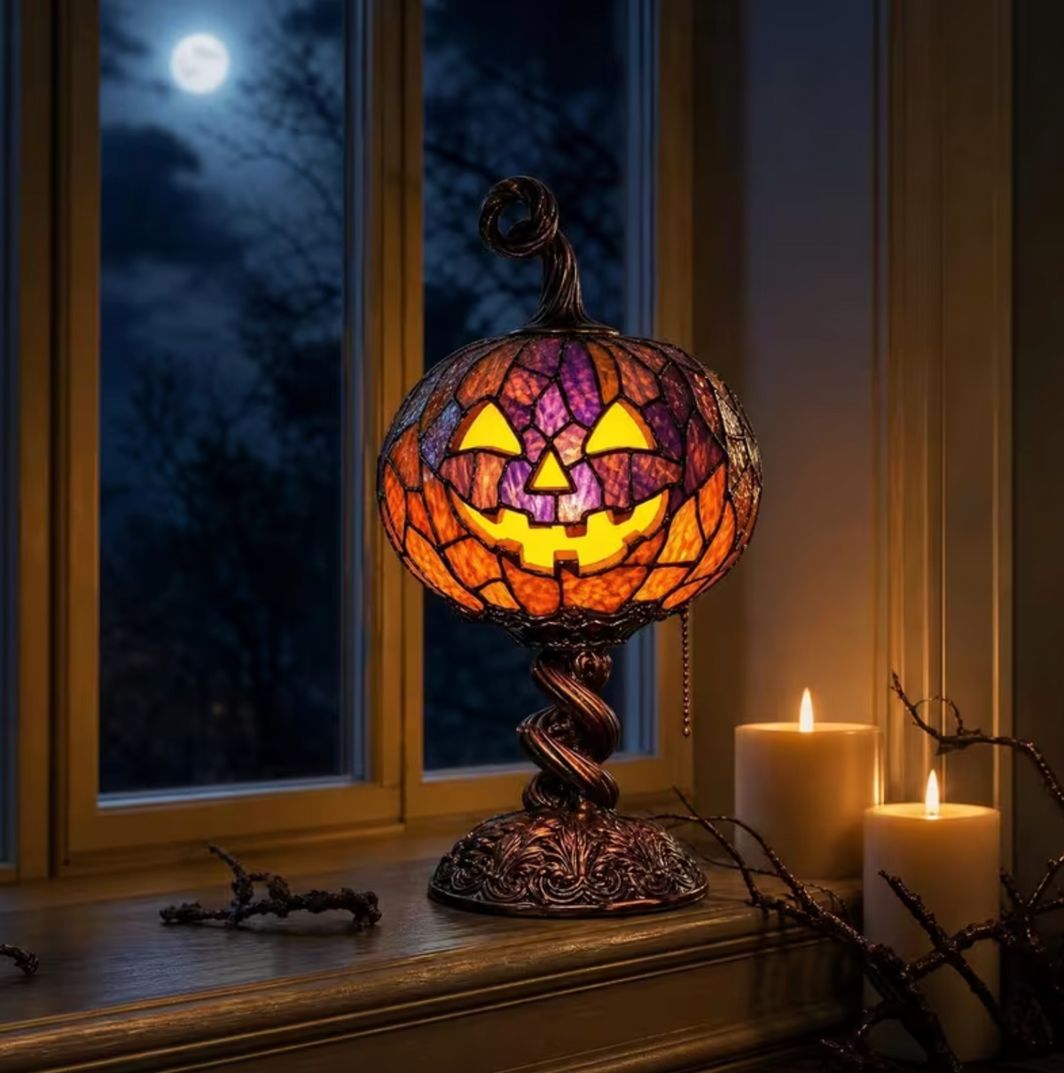 Table Lamp Pumpkin Design Stained Glass Style Resin Warm LED USB Powered