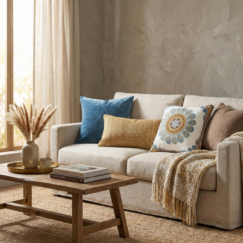 Embroidered floral cushion shown flat