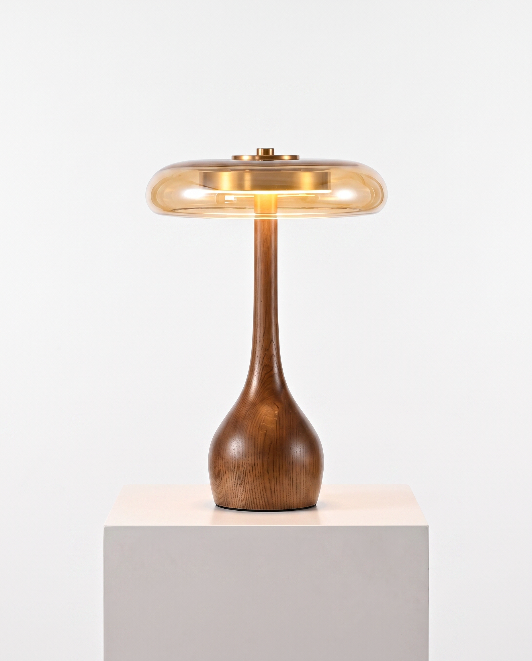 Amber Glass Table Lamp [25/32] cm | Walnut Tone Curved Base | Warm White Integrated LED, Plug In with Switch, Japandi