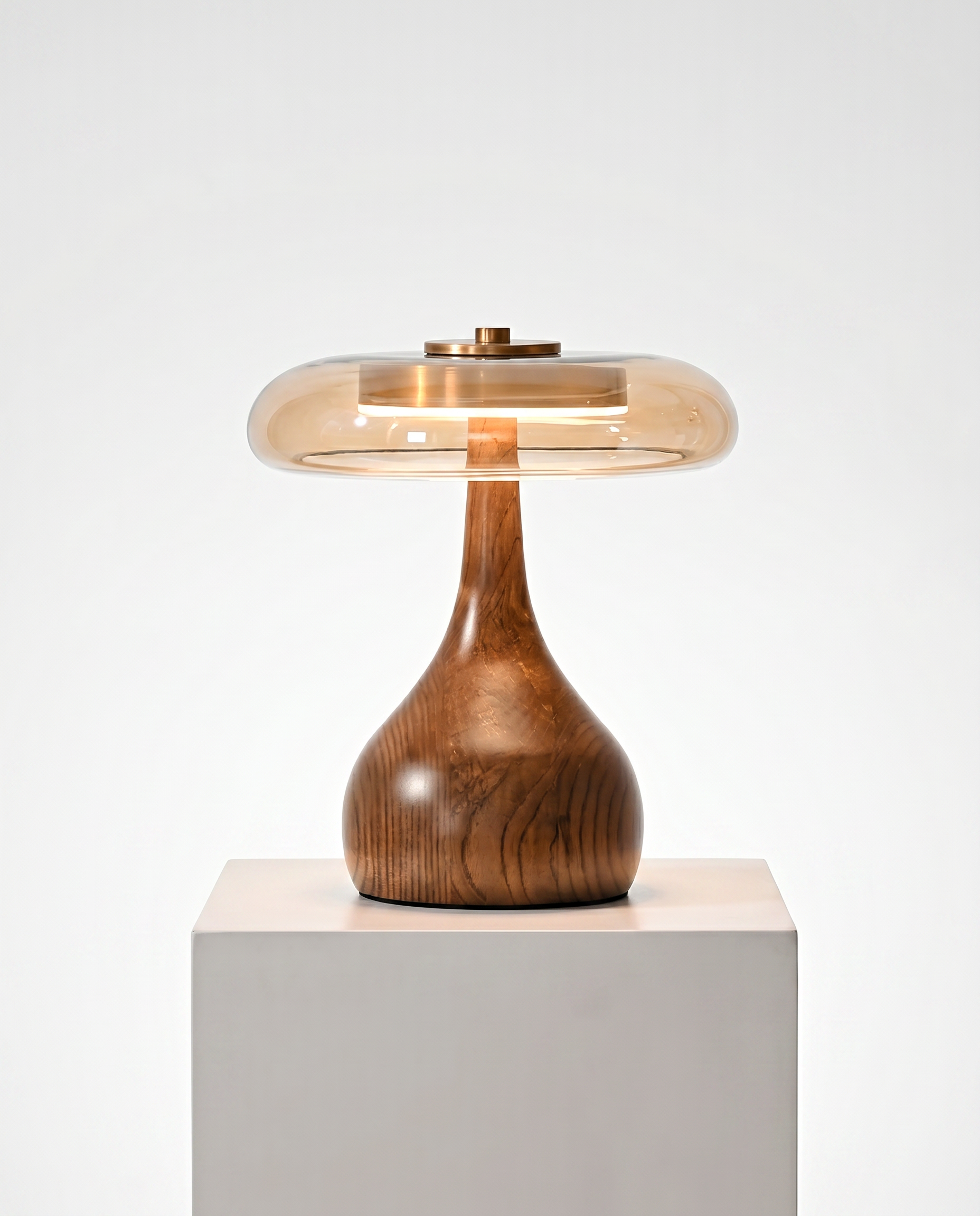 Amber Glass Table Lamp [25/32] cm | Walnut Tone Curved Base | Warm White Integrated LED, Plug In with Switch, Japandi