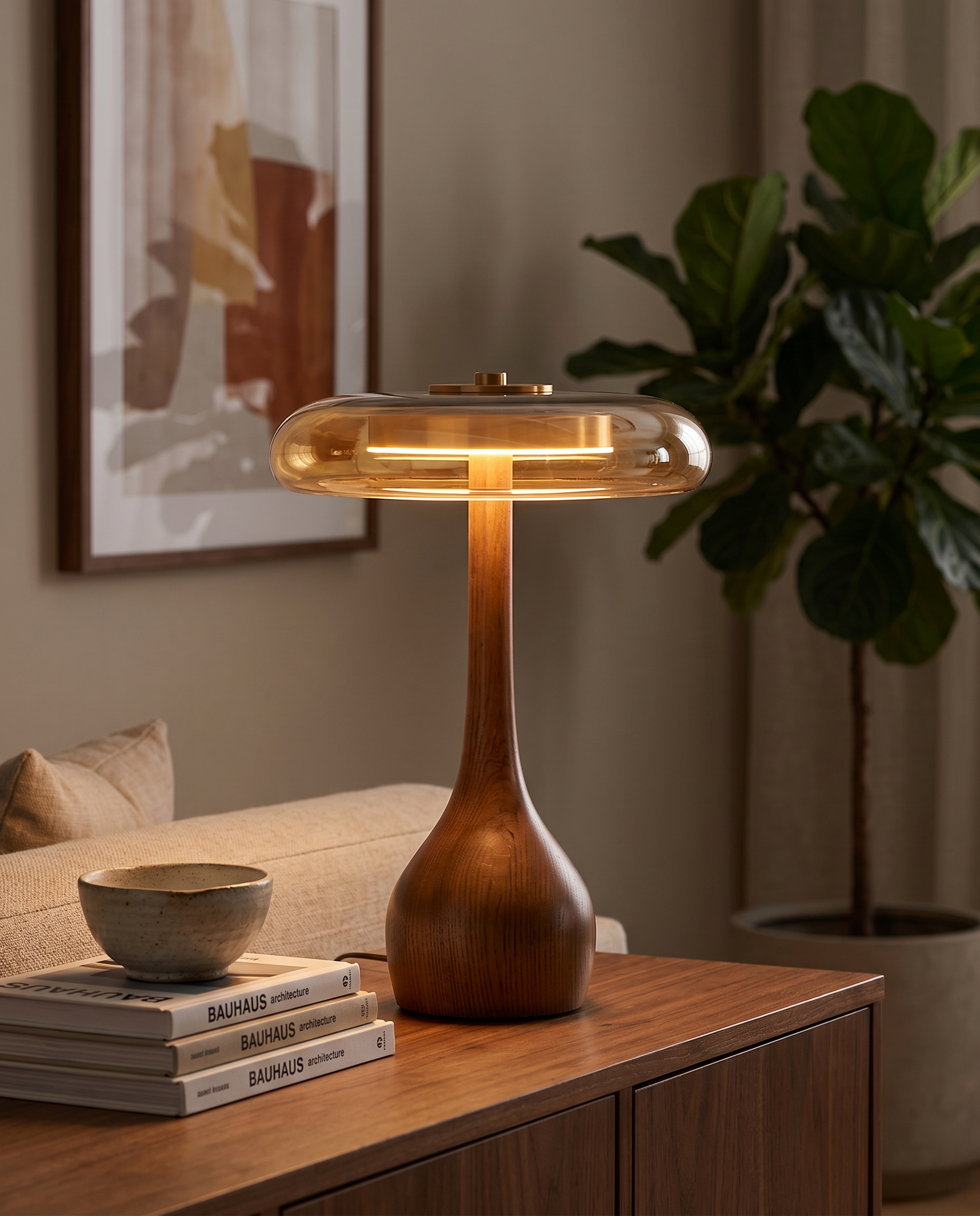 Amber Glass Table Lamp [25/32] cm | Walnut Tone Curved Base | Warm White Integrated LED, Plug In with Switch, Japandi