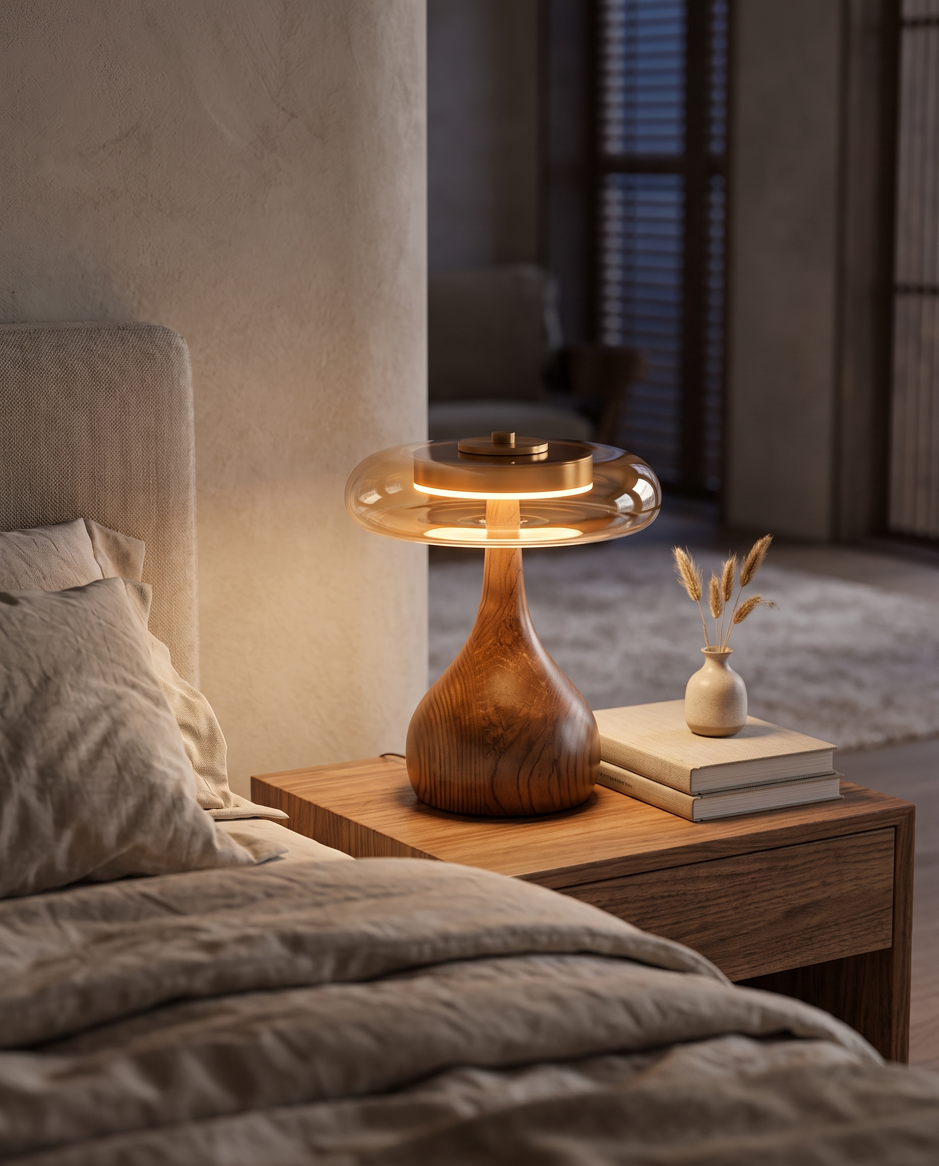 Amber Glass Table Lamp [25/32] cm | Walnut Tone Curved Base | Warm White Integrated LED, Plug In with Switch, Japandi