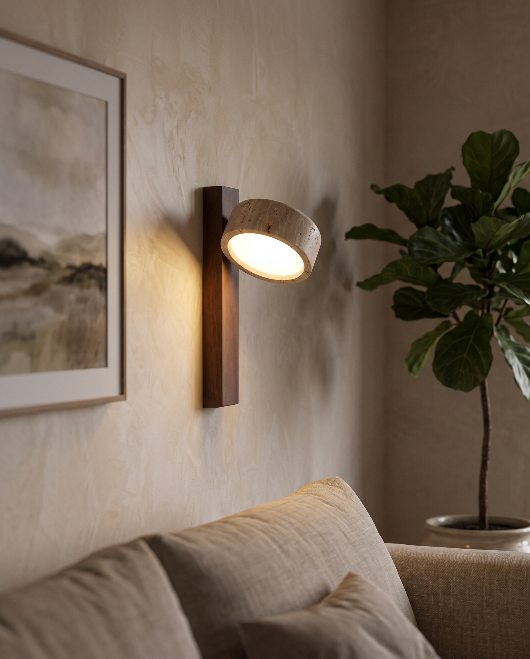 Travertine Wall Light Adjustable Head | Genuine Natural Stone, Pull Chain | 180 Degree Hardwired Bedside Reading Lamp