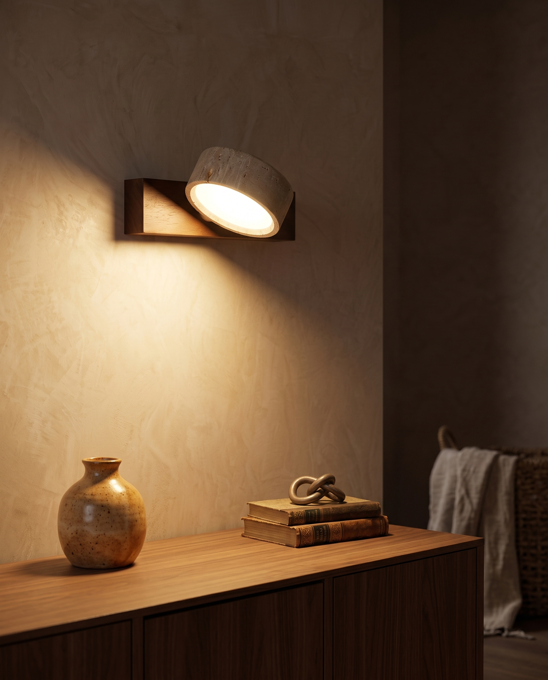 Travertine Wall Light Adjustable Head | Genuine Natural Stone, Pull Chain | 180 Degree Hardwired Bedside Reading Lamp