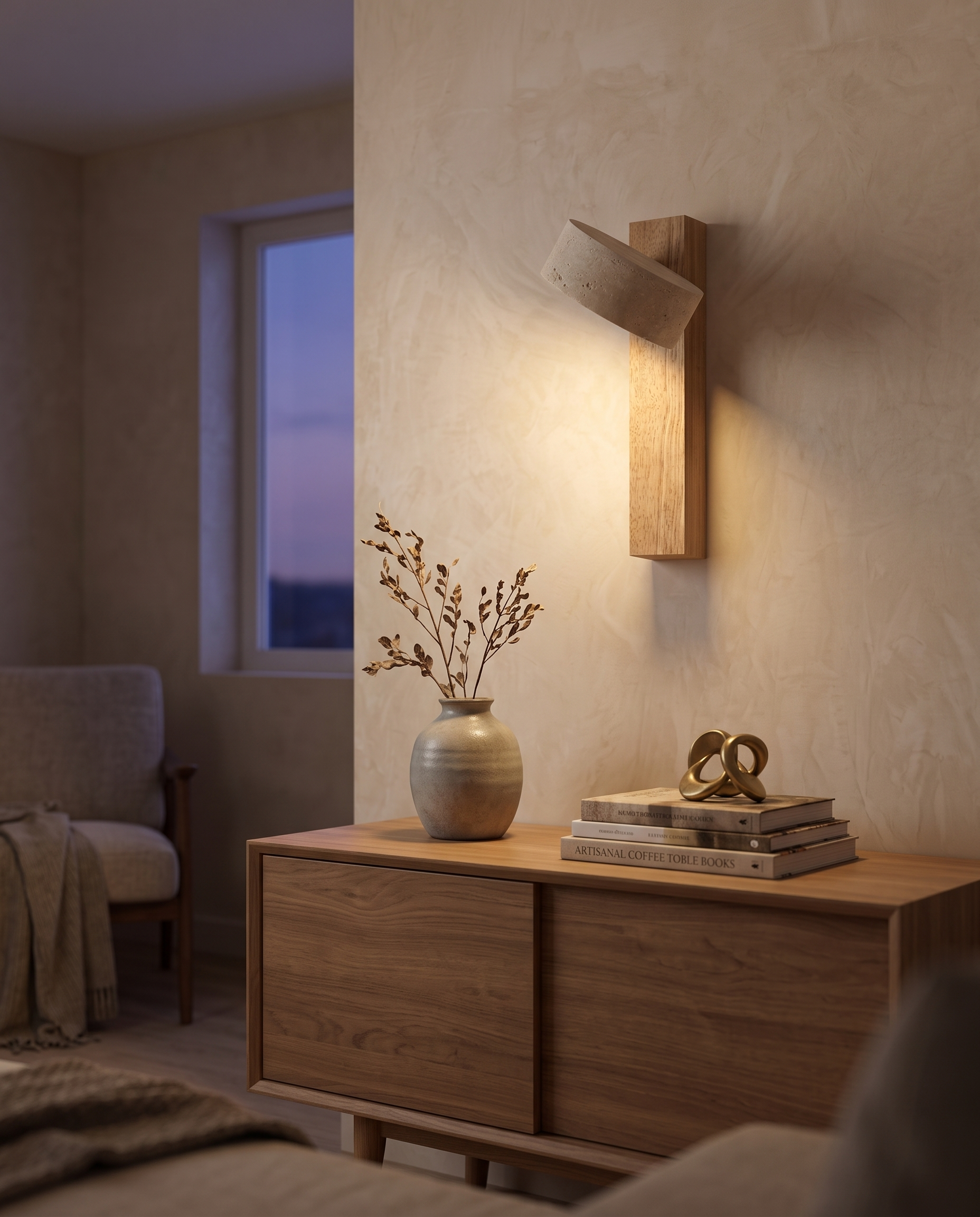Travertine Wall Light Adjustable Head | Genuine Natural Stone, Pull Chain | 180 Degree Hardwired Bedside Reading Lamp