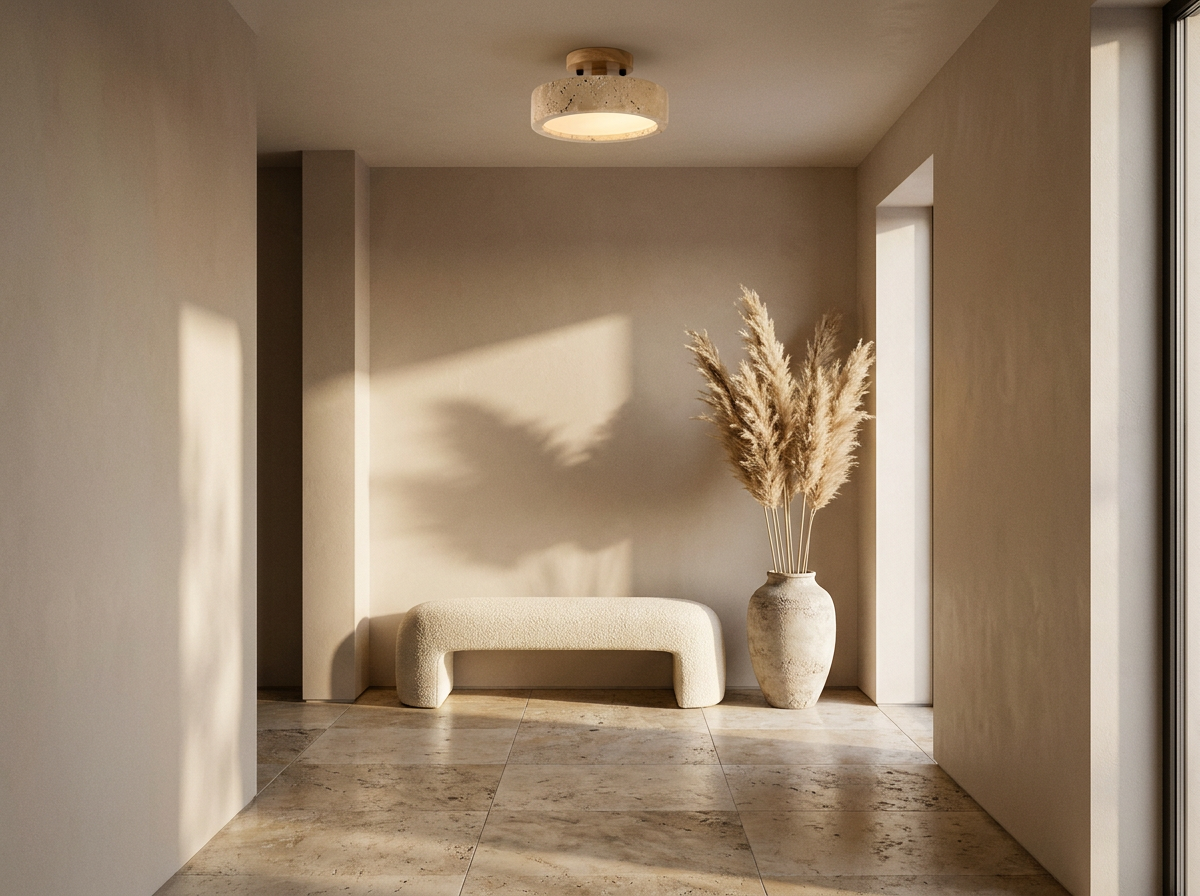 Travertine Ring Ceiling Light| Open Centre Glow, Wood Detail | Japandi Round Pendant Style Lamp