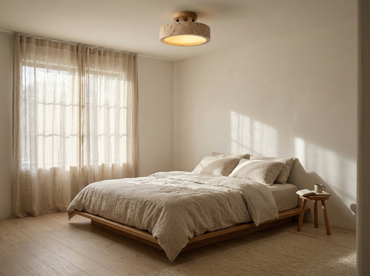 Travertine Ring Ceiling Light| Open Centre Glow, Wood Detail | Japandi Round Pendant Style Lamp