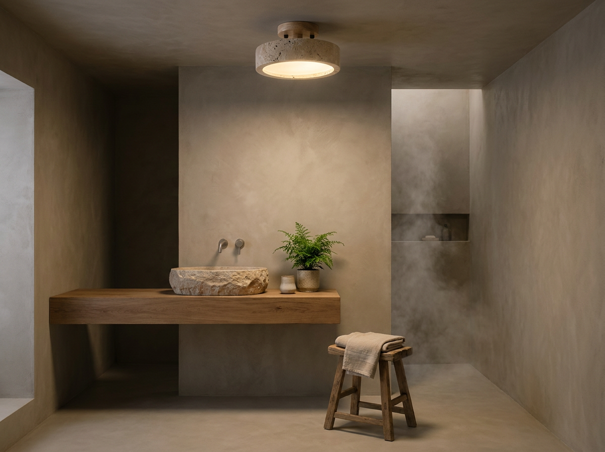 Travertine Ring Ceiling Light| Open Centre Glow, Wood Detail | Japandi Round Pendant Style Lamp
