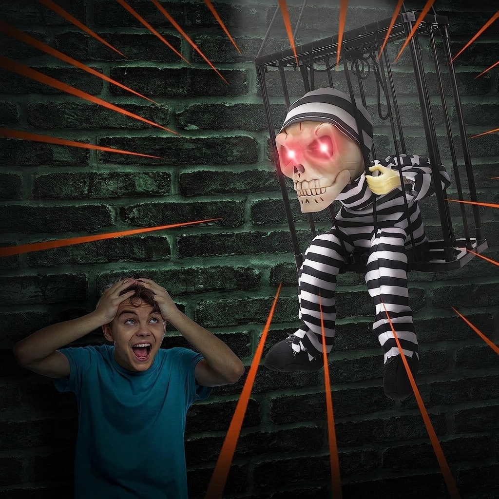 Skeleton Cage Decoration Motion Activated Red LED Halloween Decor