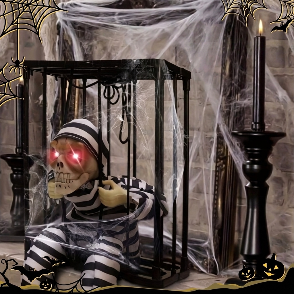 Skeleton Cage Decoration Motion Activated Red LED Halloween Decor