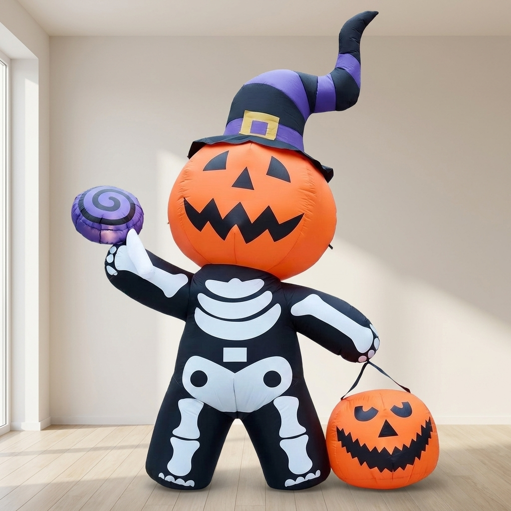 Halloween Inflatable Pumpkin Skeleton Outdoor Decoration with LED Lights