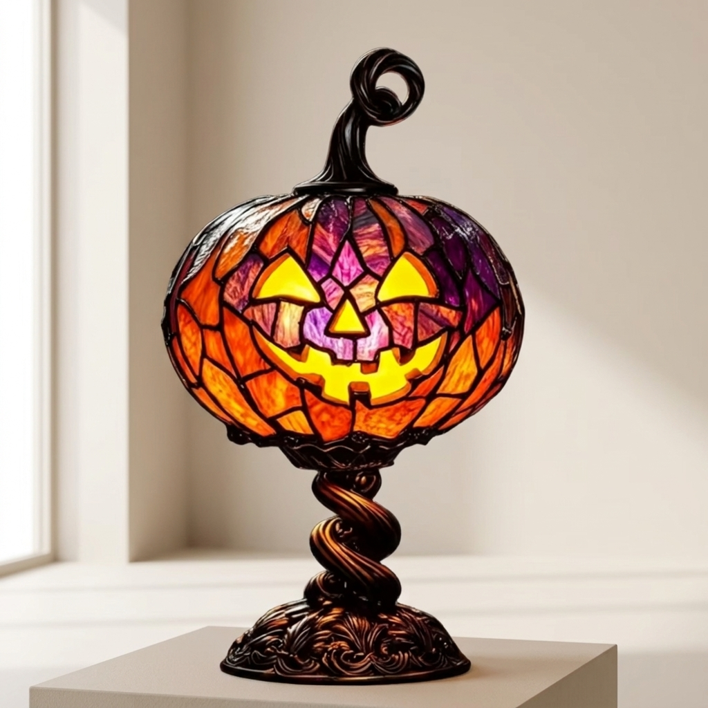 Table Lamp Pumpkin Design Stained Glass Style Resin Warm LED USB Powered